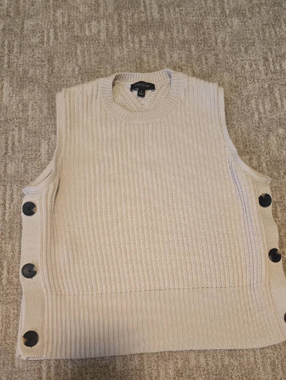 Ann TAYLOR Cream Ribbed Crewneck Button-Side Sweater Vest